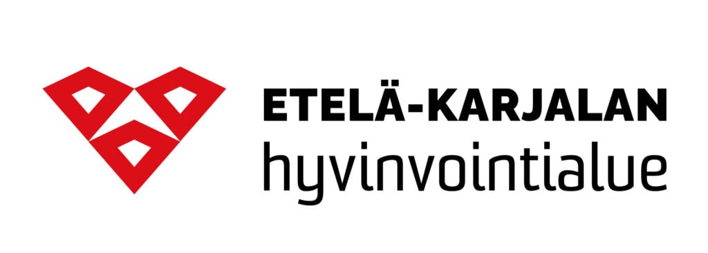 Etelä-Karjalan hyvinvointialueen logo, jossa on kolmesta päällekkäisestä kolmiosta muodostuva sydän ja teksti Etelä-Karjalan hyvinvointialue.