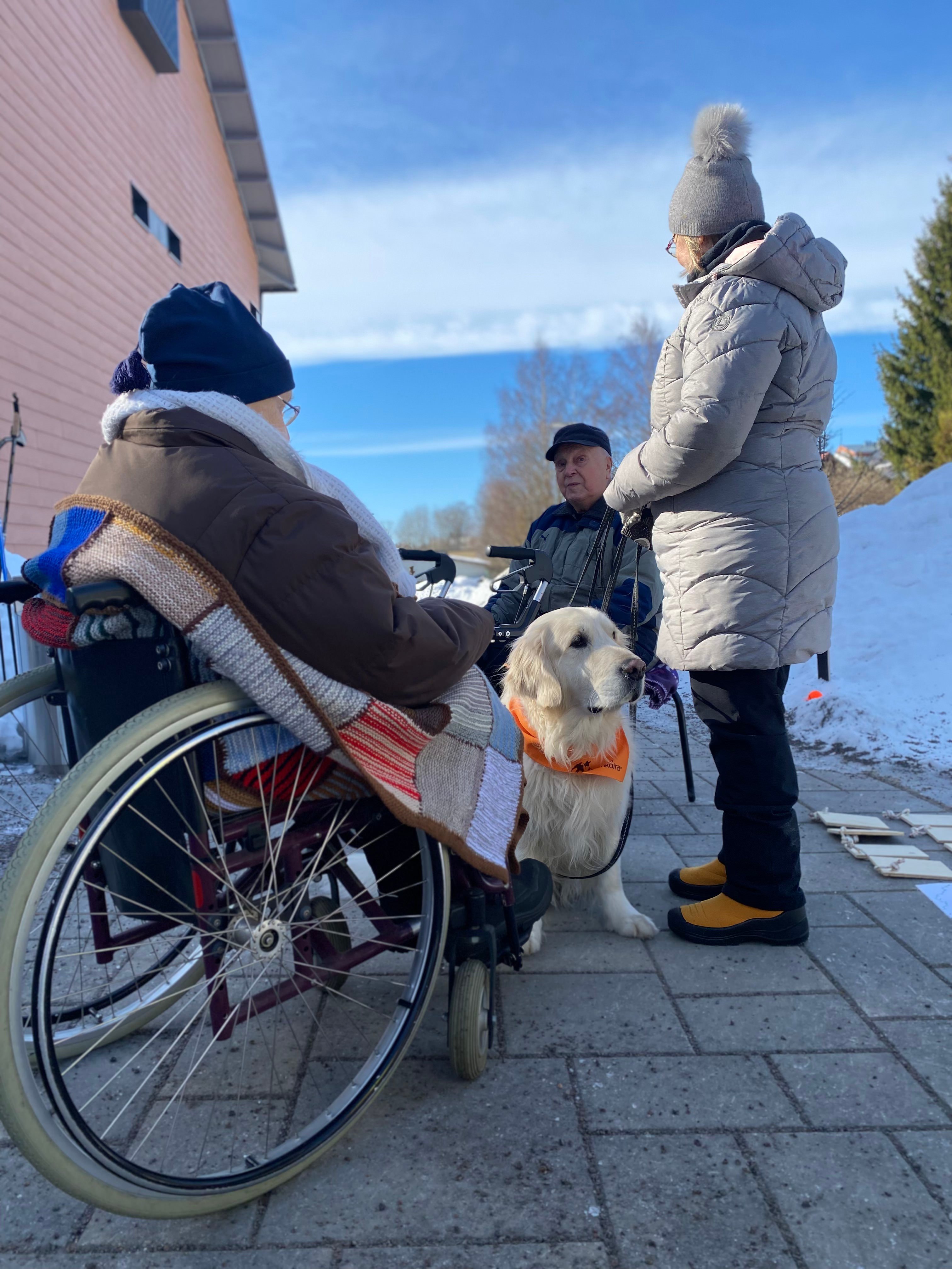 Kuvassa talvitapahtumaan osallistuneita senioreita ja kaverikoira Taavi ohjaajansa kanssa.