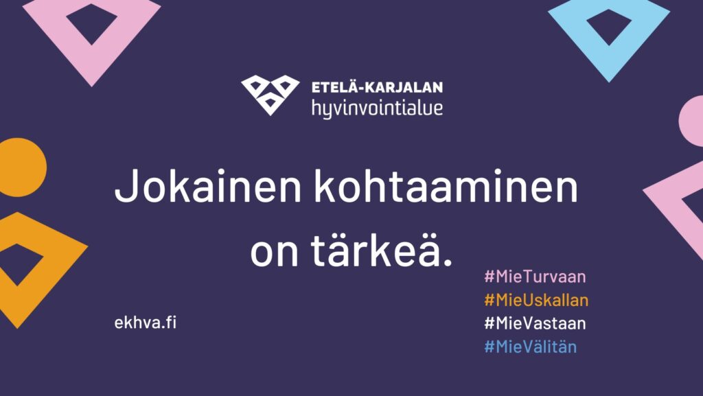 Kuvituskuva, jossa lilalla pohjalla teksti jokainen kohtaaminen on tärkeä ja symboleita koristeena.