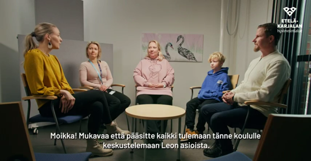 1. Verkostopalaveri koulussa.  
Tukitoimia on hyvä suunnitella ja ottaa käyttöön arjen ympäristöissä jo ennen tutkimuksia. Tämän videon verkostossa koulun tukitoimista ovat keskustelemassa oppilas Leo, Leon vanhempi, Leon opettaja, kouluterveydenhoitaja ja Lasten ja nuorten talon työntekijä. 